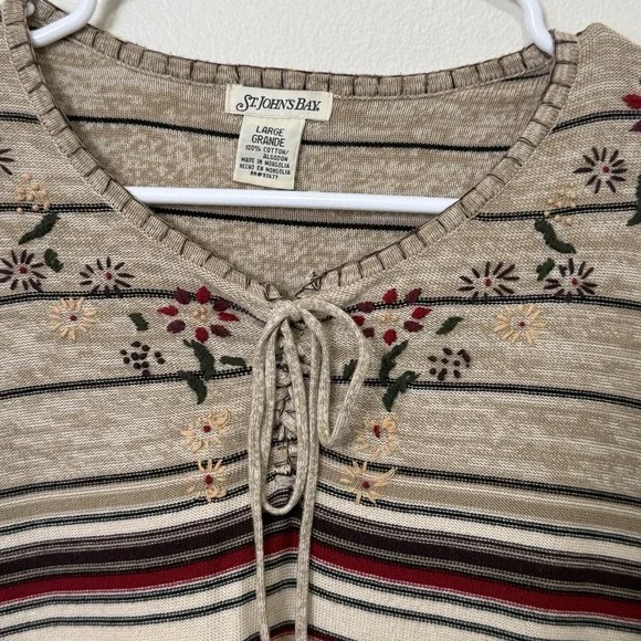 St Johns Bay Floral Embroidered Stripe Top Womens Large Boho Lace Up Cotton - Picture 5 of 11